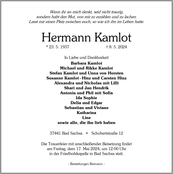 Traueranzeige von Hermann Kamlot von Harz Kurier