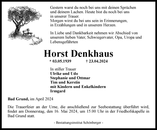 Traueranzeige von Horst Denkhaus von Harz Kurier