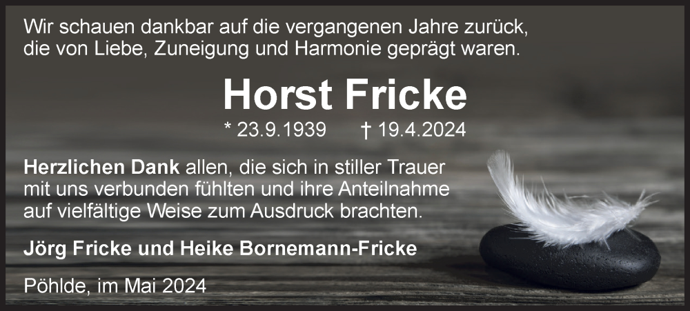  Traueranzeige für Horst Fricke vom 25.05.2024 aus Harz Kurier