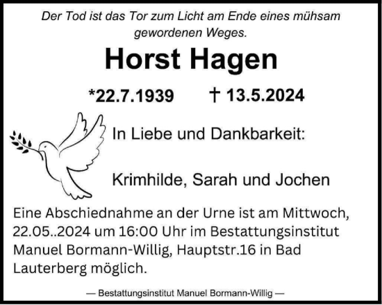 Traueranzeige von Horst Hagen von Harz Kurier