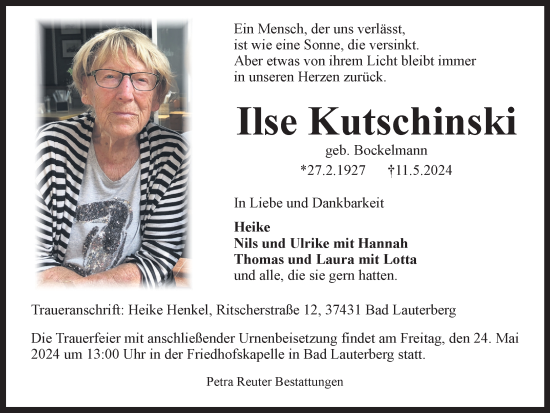 Traueranzeige von Ilse Kutschinski von Harz Kurier