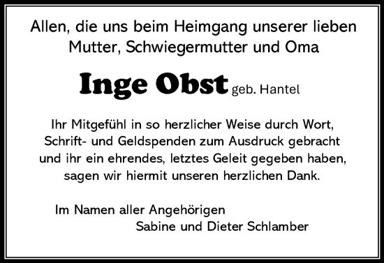 Traueranzeige von Inge Obst von Harz Kurier