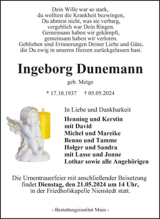 Traueranzeige von Ingeborg Dunemann von Harz Kurier