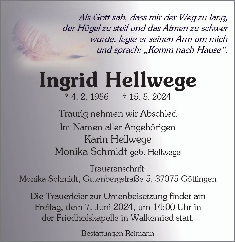  Traueranzeige für Ingrid Hellwege vom 25.05.2024 aus Harz Kurier