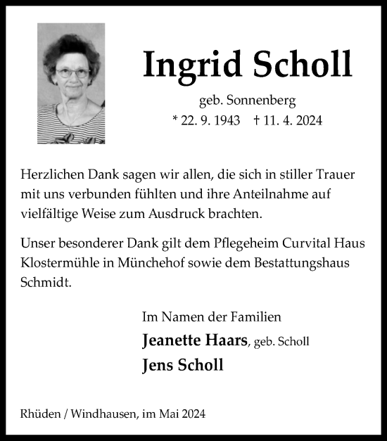 Traueranzeige von Ingrid Scholl von Harz Kurier