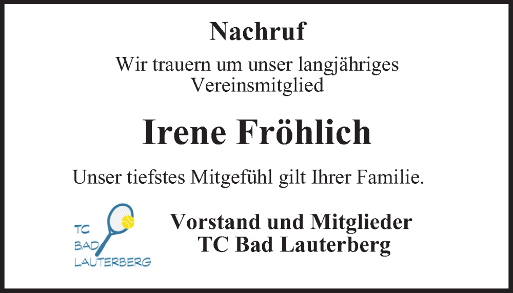  Traueranzeige für Irene Fröhlich vom 10.05.2024 aus Harz Kurier