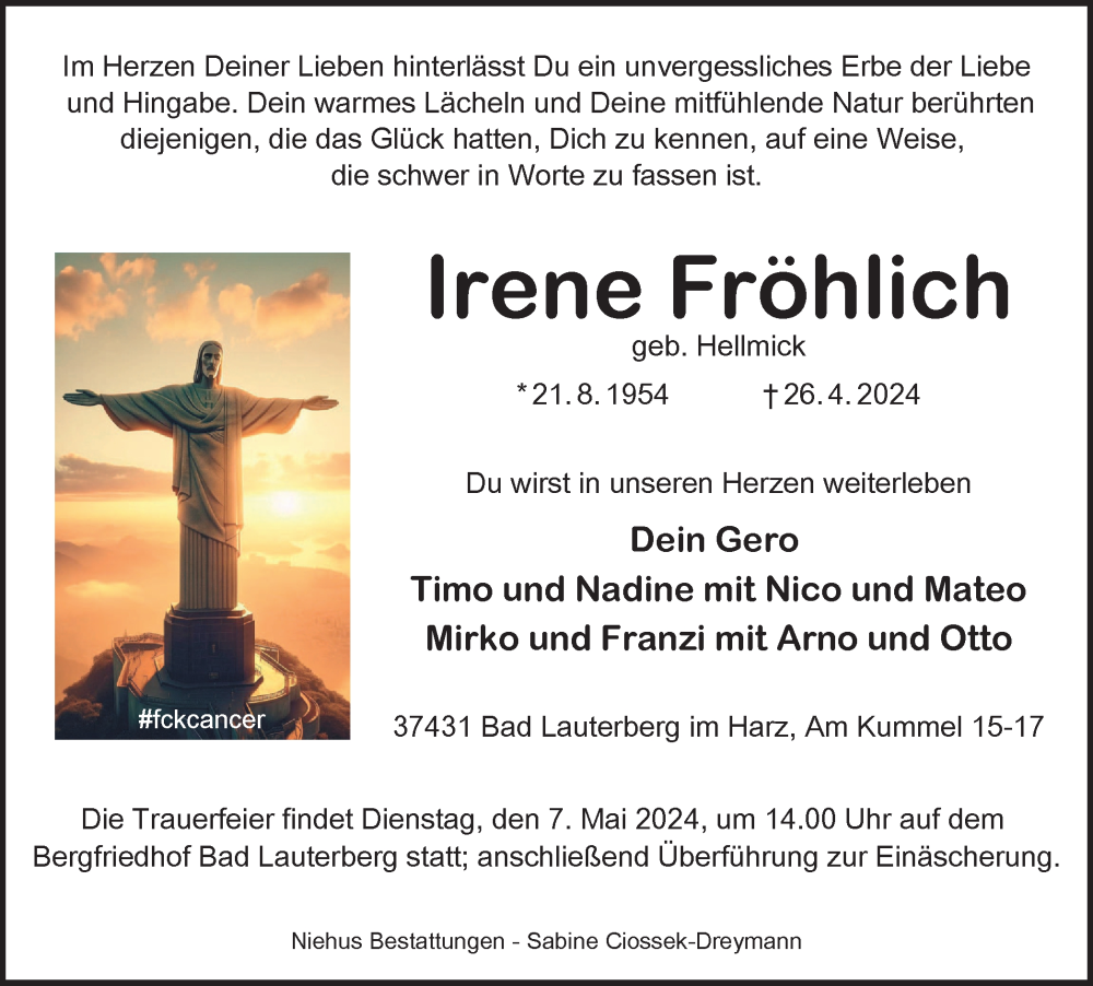 Traueranzeige für Irene Fröhlich vom 02.05.2024 aus Harz Kurier