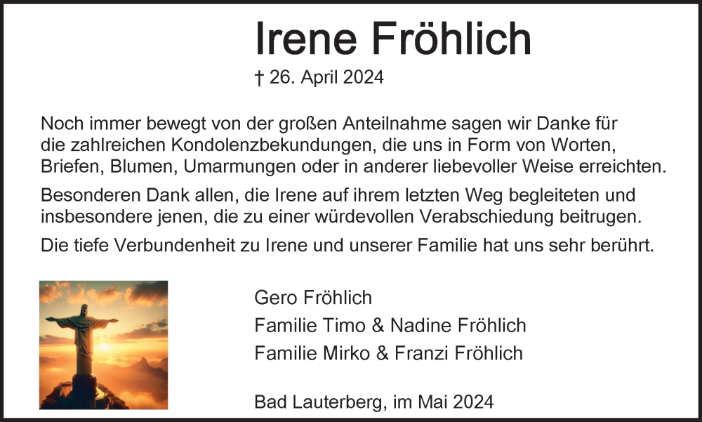  Traueranzeige für Irene Fröhlich vom 25.05.2024 aus Harz Kurier