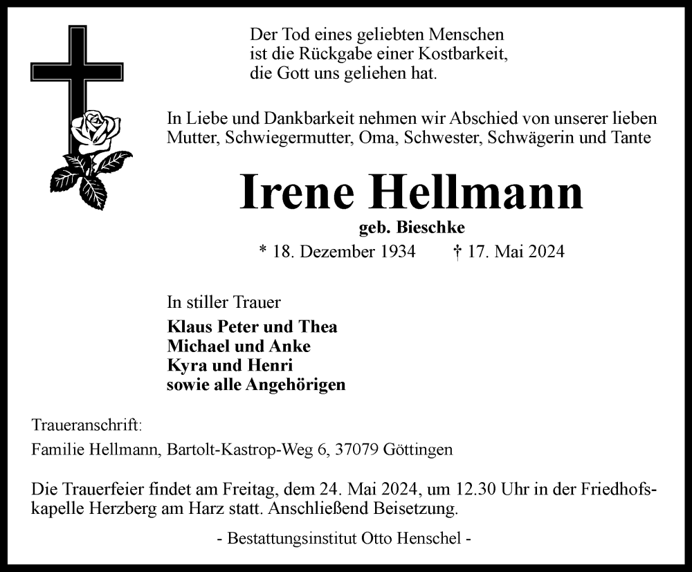  Traueranzeige für Irene Hellmann vom 22.05.2024 aus Harz Kurier
