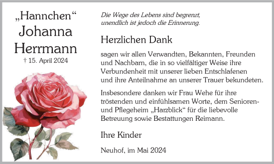 Traueranzeige von Johanna Herrmann von Harz Kurier