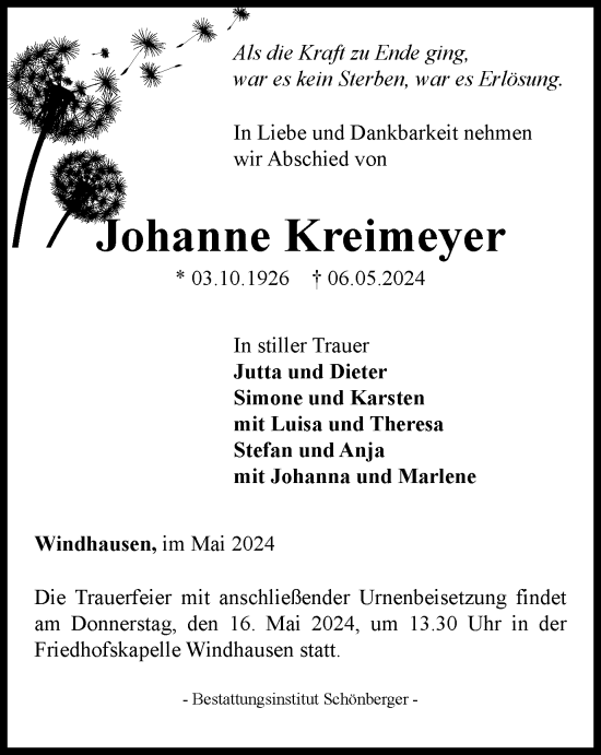 Traueranzeige von Johanne Kreimeyer von Harz Kurier