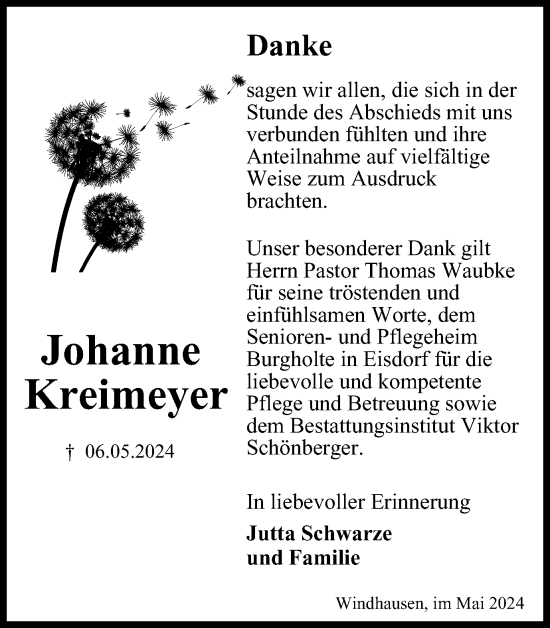 Traueranzeige von Johanne Kreimeyer von Harz Kurier