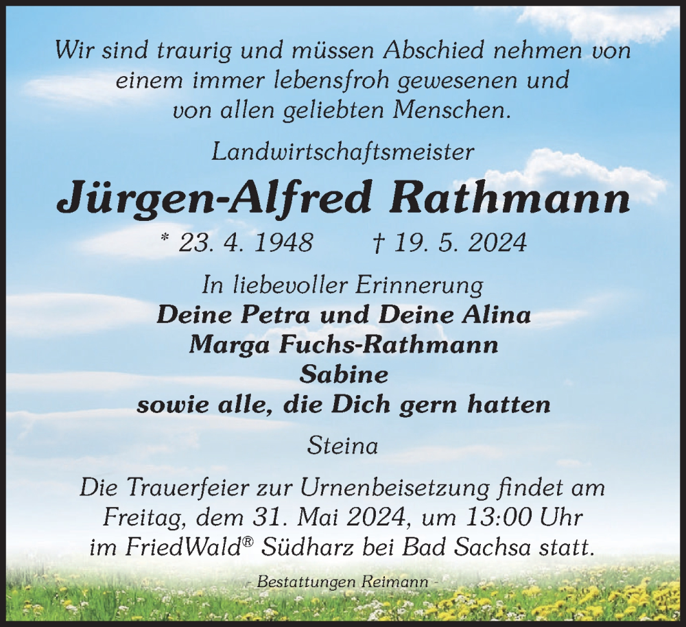  Traueranzeige für Jürgen-Alfred Rathmann vom 25.05.2024 aus Harz Kurier