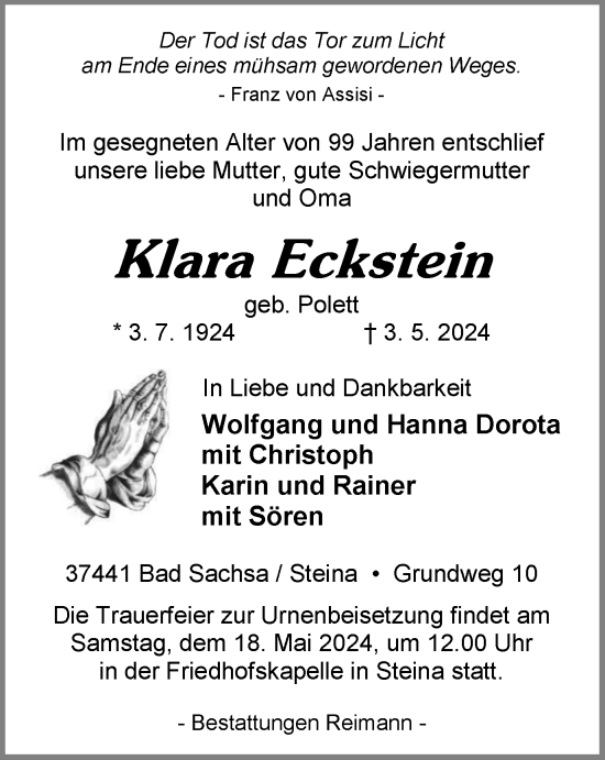 Traueranzeige von Klara Eckstein von Harz Kurier