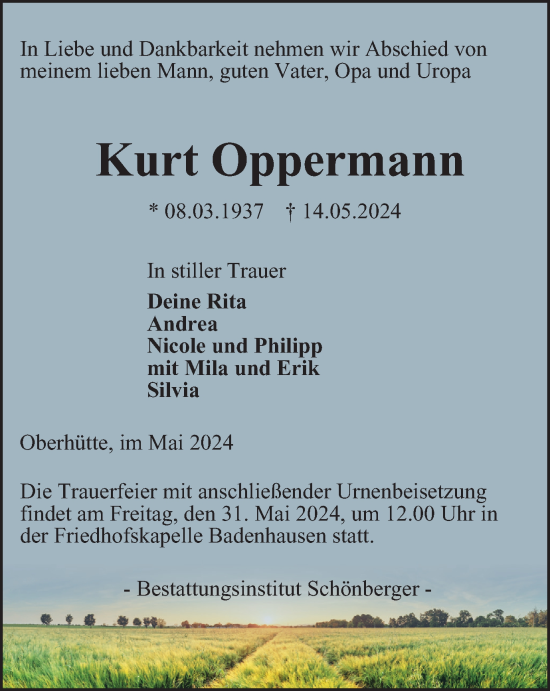 Traueranzeige von Kurt Oppermann von Harz Kurier
