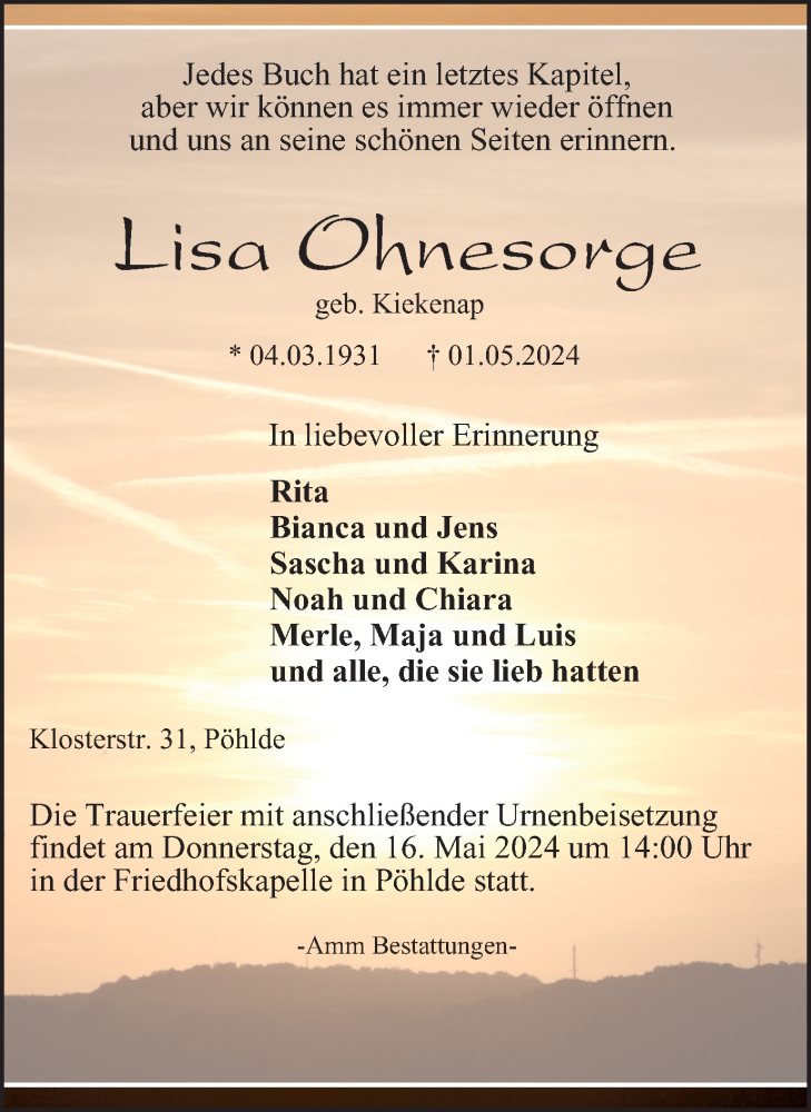  Traueranzeige für Lisa Ohnesorge vom 11.05.2024 aus Harz Kurier
