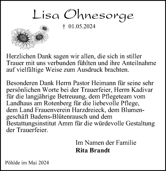 Traueranzeige von Lisa Ohnesorge von Harz Kurier