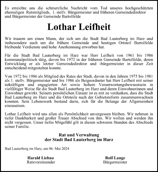 Traueranzeige von Lothar Leifheit von Harz Kurier