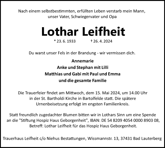 Traueranzeige von Lothar Leifheit von Harz Kurier