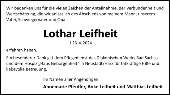 Traueranzeige von Lothar Leifheit von Harz Kurier