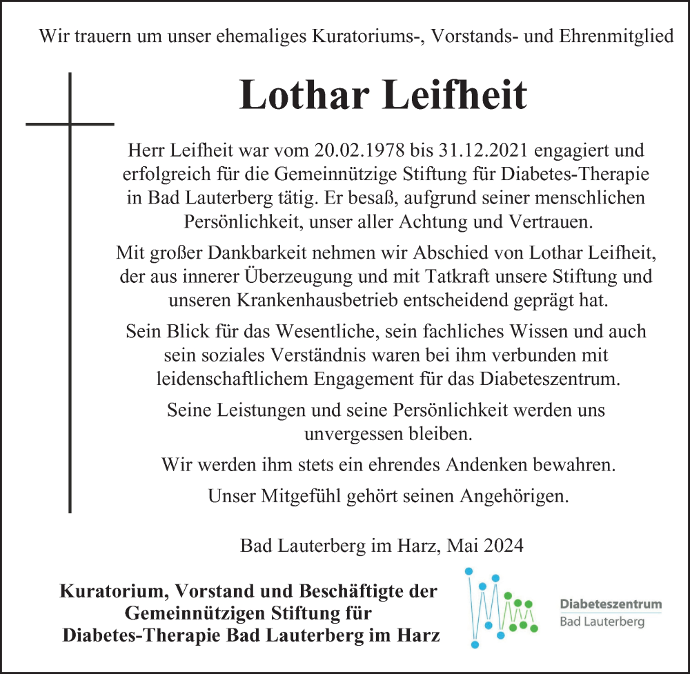  Traueranzeige für Lothar Leifheit vom 04.05.2024 aus Harz Kurier