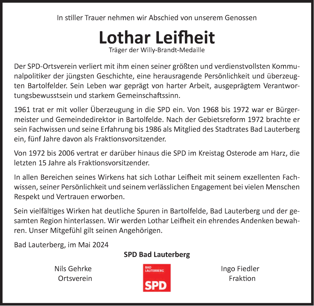  Traueranzeige für Lothar Leifheit vom 14.05.2024 aus Harz Kurier
