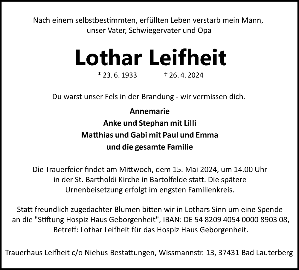  Traueranzeige für Lothar Leifheit vom 04.05.2024 aus Harz Kurier