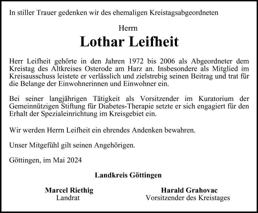  Traueranzeige für Lothar Leifheit vom 04.05.2024 aus Harz Kurier