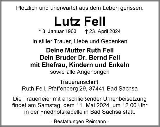 Traueranzeige von Lutz Fell von Harz Kurier