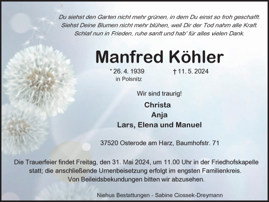 Traueranzeige von Manfred Köhler von Harz Kurier