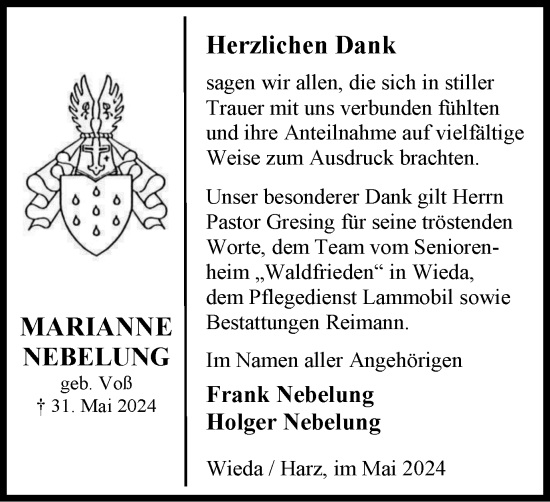 Traueranzeige von Marianne Nebelung von Harz Kurier