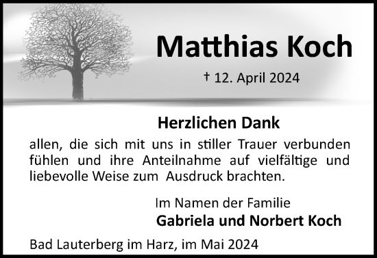 Traueranzeige von Matthias Koch von Harz Kurier
