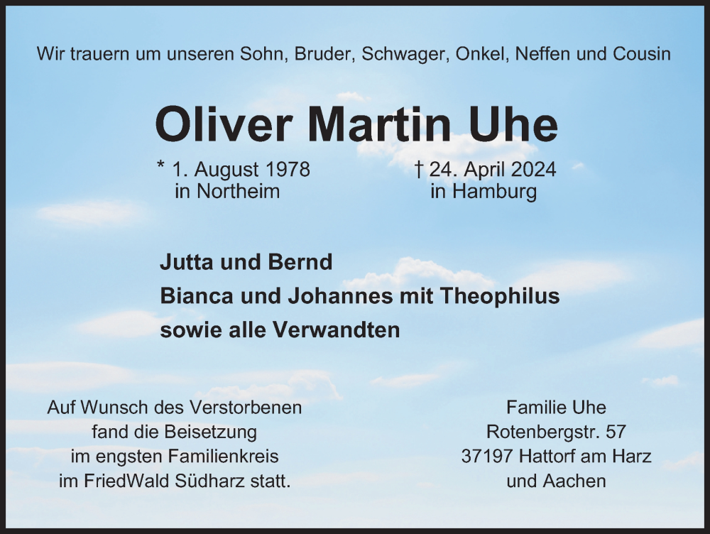  Traueranzeige für Oliver Martin Uhe vom 24.05.2024 aus Harz Kurier