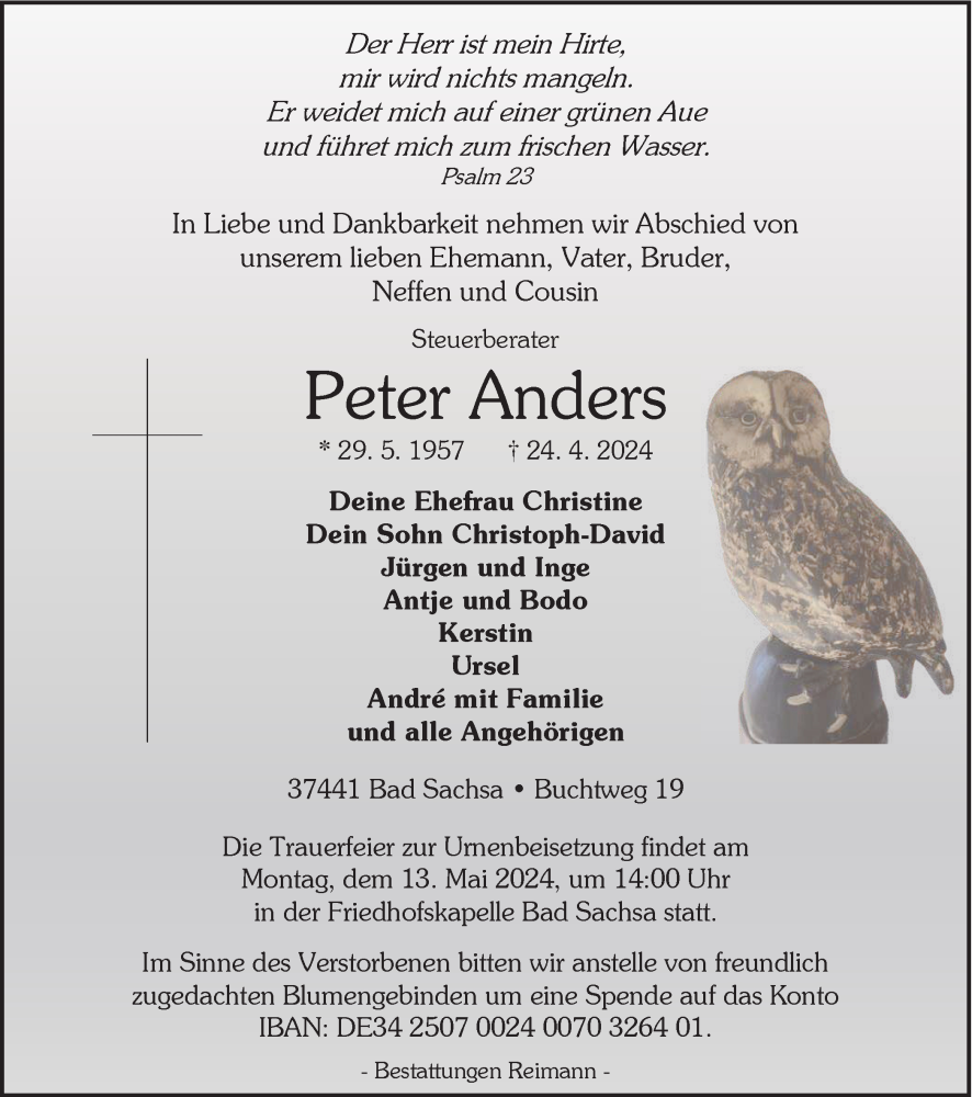  Traueranzeige für Peter Anders vom 04.05.2024 aus Harz Kurier