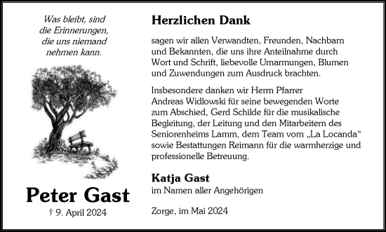 Traueranzeige von Peter Gast von Harz Kurier