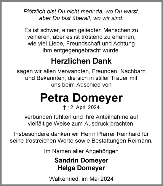 Traueranzeige von Petra Domeyer von Harz Kurier