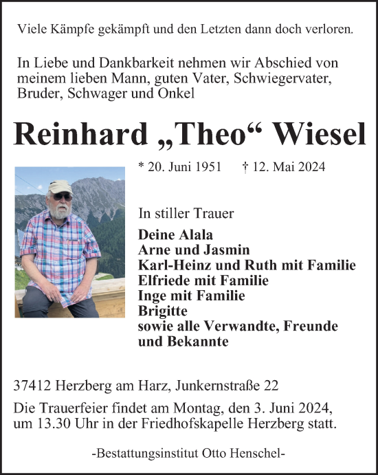 Traueranzeige von Reinhard Wiesel von Harz Kurier