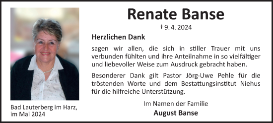 Traueranzeige von Renate Banse von Harz Kurier