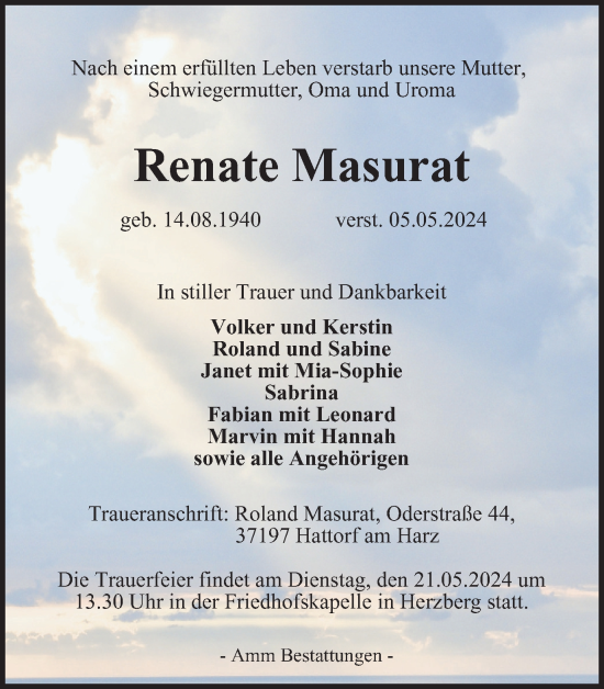Traueranzeige von Renate Masurat von Harz Kurier