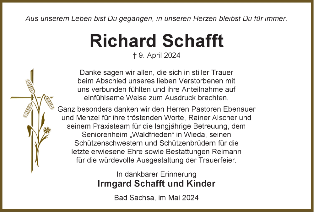  Traueranzeige für Richard Schafft vom 04.05.2024 aus Harz Kurier