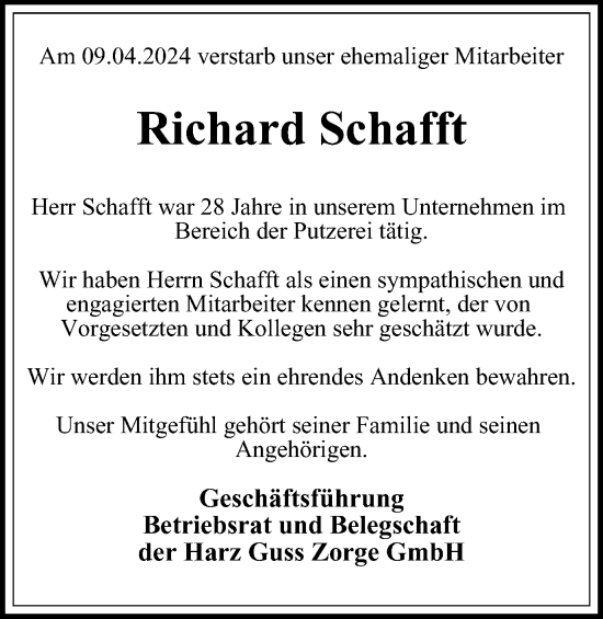 Traueranzeige von Richard Schafft von Harz Kurier