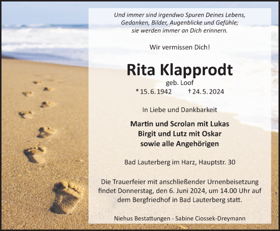 Traueranzeige von Rita Klapprodt von Harz Kurier