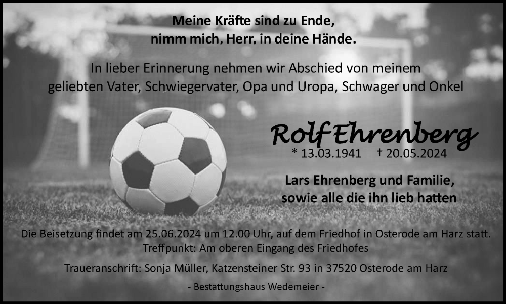  Traueranzeige für Rolf Ehrenberg vom 25.05.2024 aus Harz Kurier