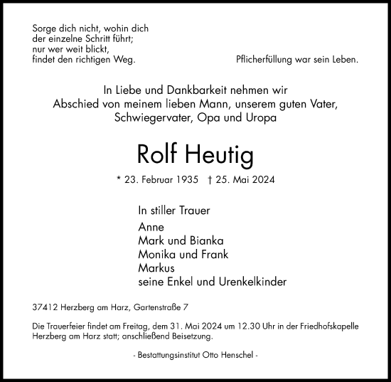 Traueranzeige von Rolf Heutig von Harz Kurier