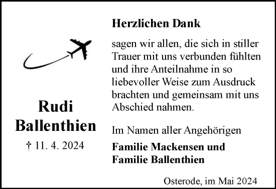 Traueranzeige von Rudi Ballenthien von Harz Kurier