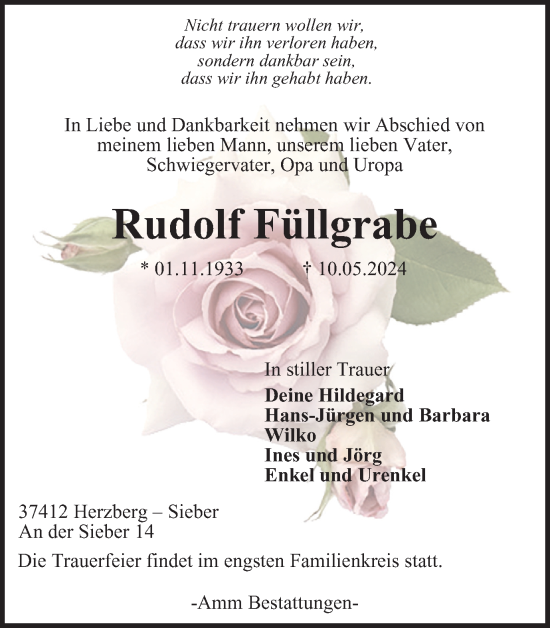 Traueranzeige von Rudolf Füllgrabe von Harz Kurier