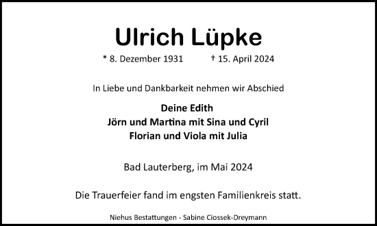 Traueranzeige von Ulrich Lüpke von Harz Kurier