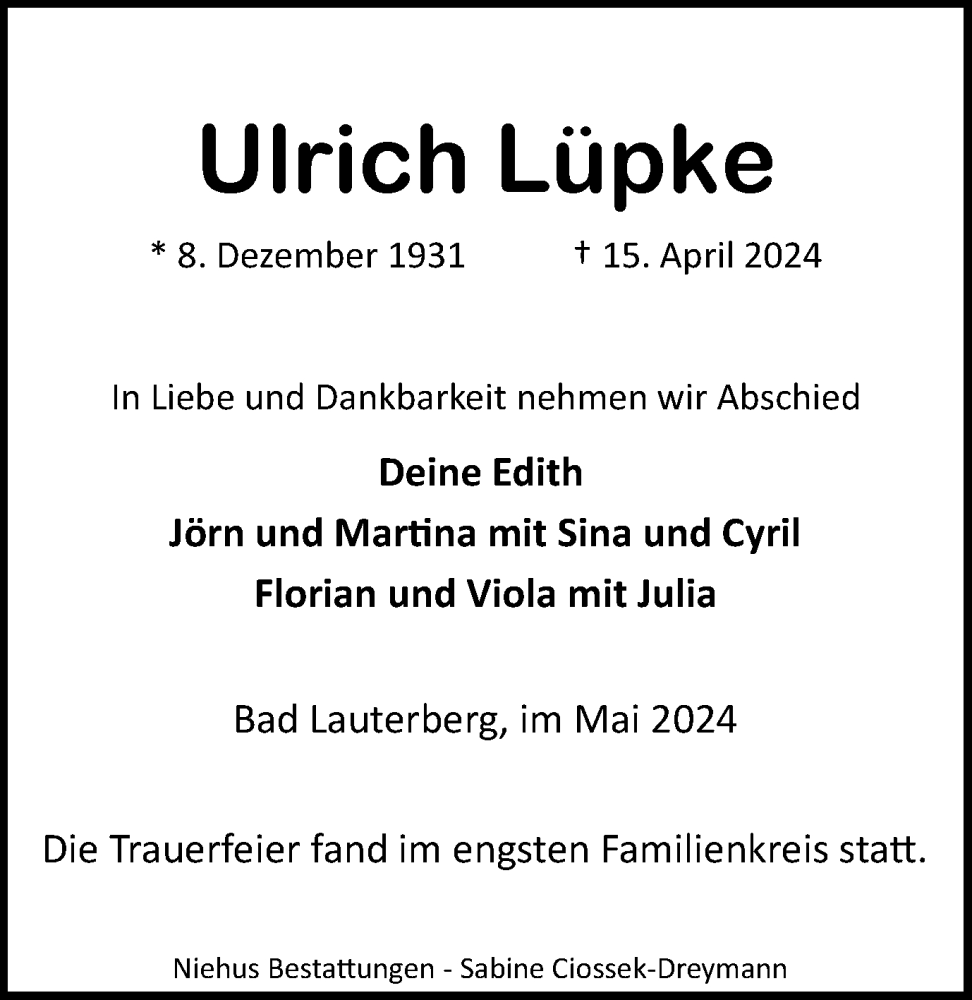  Traueranzeige für Ulrich Lüpke vom 11.05.2024 aus Harz Kurier
