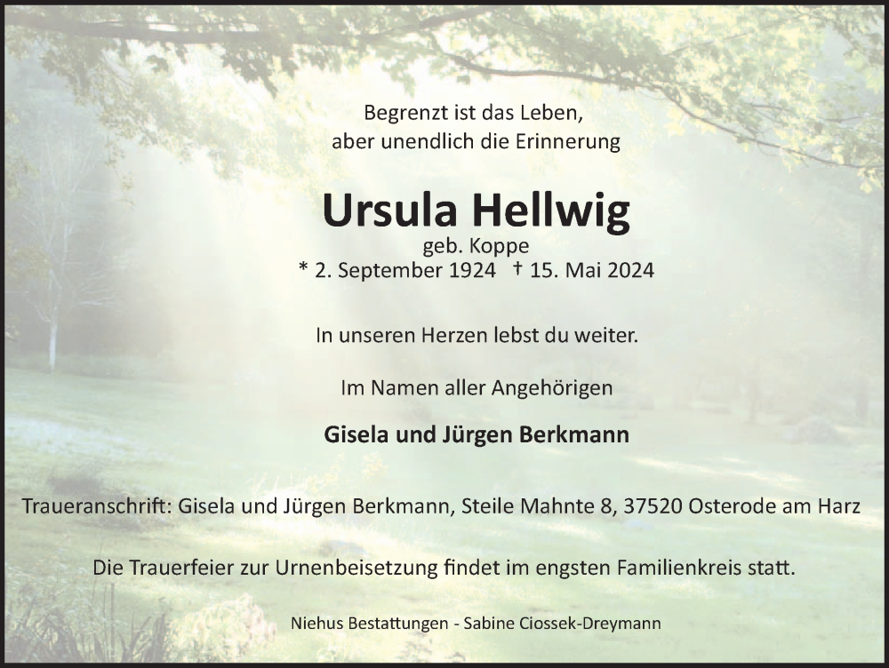  Traueranzeige für Ursula Hellwig vom 25.05.2024 aus Harz Kurier