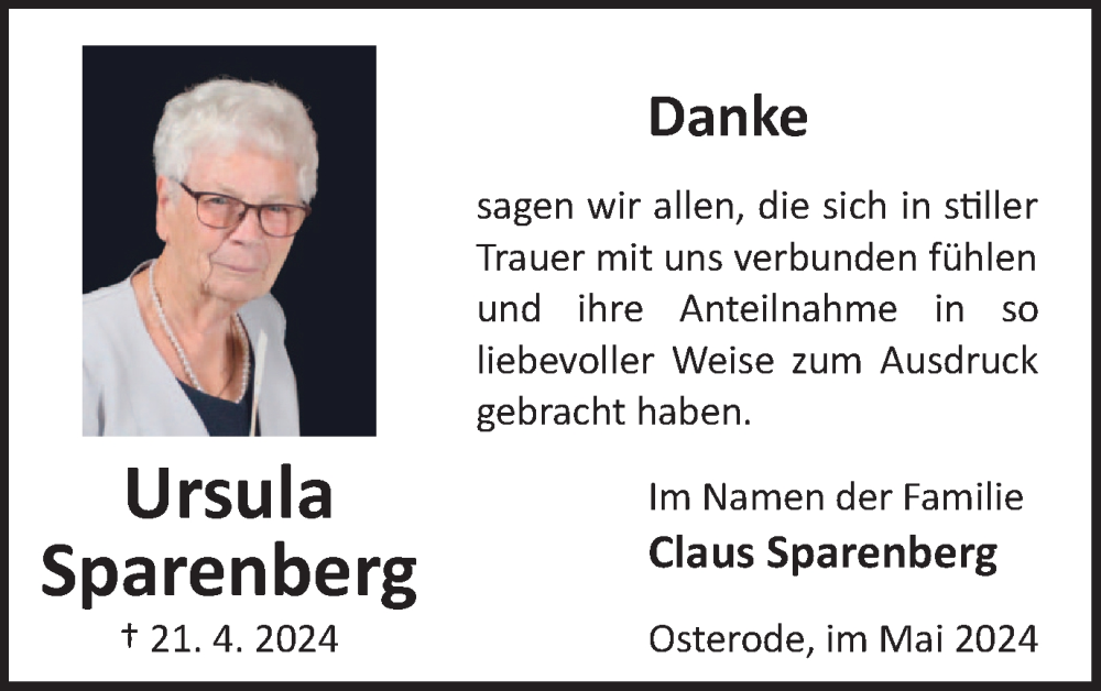  Traueranzeige für Ursula Sparenberg vom 15.05.2024 aus Harz Kurier